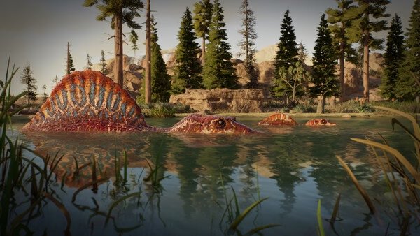 A Jurassic World Evolution 3 screenshot showing two Spinosaurus wading in a forested lake surrounded by trees and greenery.