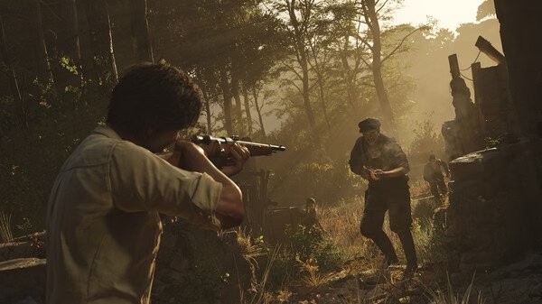 Screenshot from Mafia: The Old Country showing a character aiming a rifle at another figure in a sunlit forest setting.