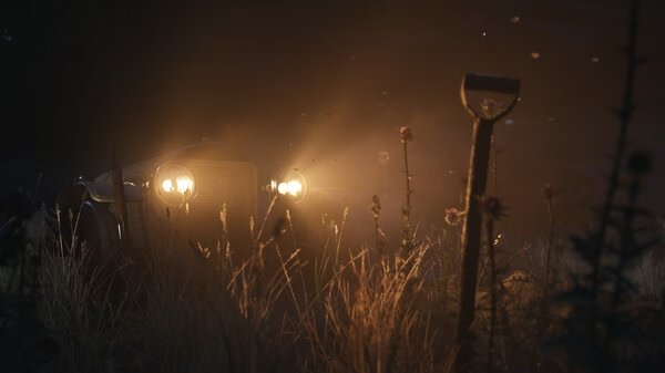 Screenshot from Mafia: The Old Country showing a vintage car with headlights on, surrounded by tall grass and wildflowers at night.