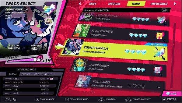 Screenshot of Rift of the NecroDancer track selection menu featuring Count Funkula with stats and difficulty options displayed.