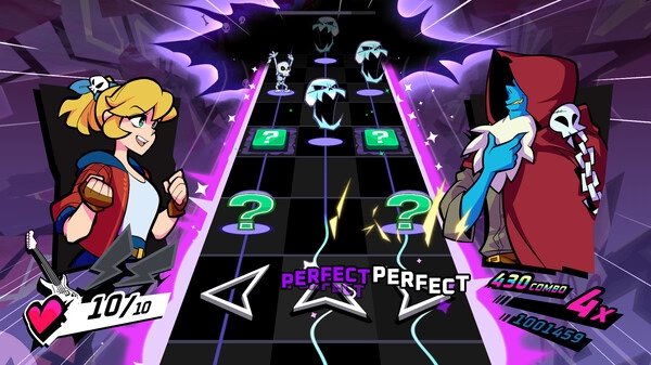 Screenshot of Rift of the NecroDancer showing two characters battling on a rhythm game track with arrows and combo indicators.
