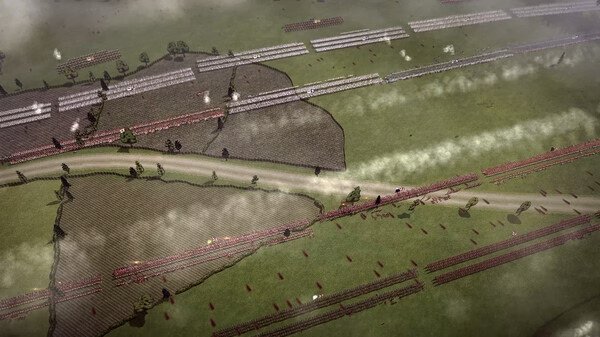 Screenshot from Master of Command showing a strategic battlefield with troops lined up, smoke rising, and a dirt road crossing the scene.