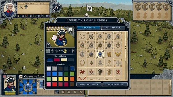 Screenshot from Master of Command showing the Regimental Color Designer interface, with options for customizing flag emblems and patterns.