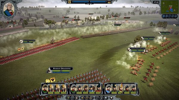 Screenshot from Master of Command showing a battlefield scene with armies in formation, smoke from musket fire, and unit icons visible.