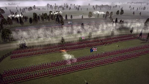 Screenshot from Master of Command showing large-scale battlefield with rows of soldiers and flags in a foggy, wooded landscape.
