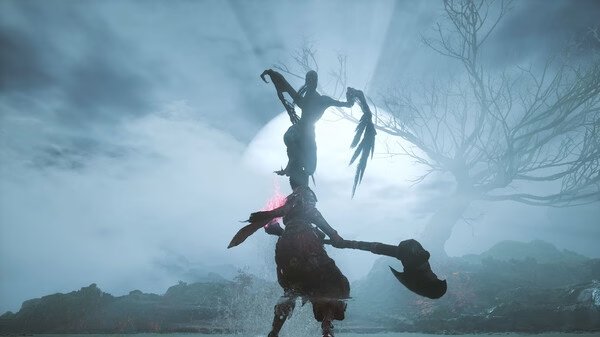 WUCHANG: Fallen Feathers screenshot showing a warrior with a large axe facing a ghostly figure under a cloudy sky.