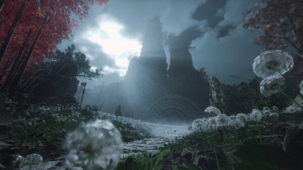 Screenshot from WUCHANG: Fallen Feathers showing a mystical landscape with towering mountains and glowing red trees.