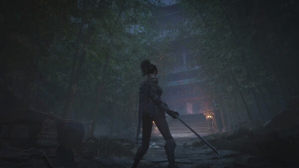 Screenshot from "WUCHANG: Fallen Feathers" showing a warrior holding a sword, standing in a bamboo forest before a lit temple.