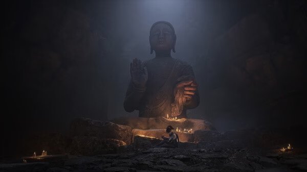 Screenshot from WUCHANG: Fallen Feathers showing a lone figure kneeling near a large stone statue surrounded by glowing candles.