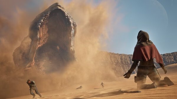 Screenshot from Dune: Awakening showing a massive sandworm emerging in a desert as characters react to its appearance.