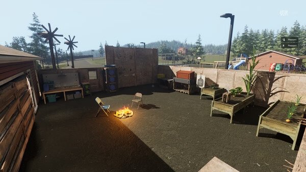 Screenshot from VEIN showing an outdoor area with a campfire, chairs, and wooden planters under a clear sky.