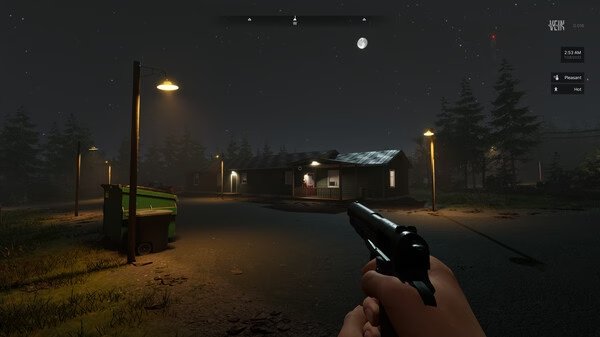 Screenshot from VEIN: Player holds a revolver under streetlights near a house at night, with trees and a dumpster visible.