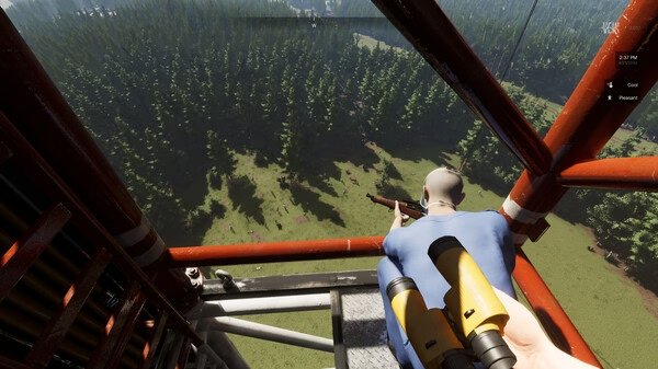 Screenshot from VEIN: A person with binoculars and a rifle crouches on a tall metal structure overlooking a vast forest.
