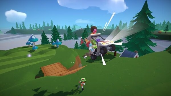 Screenshot from Super Battle Golf showing characters in a flying golf cart over a green course with trees and a bridge.