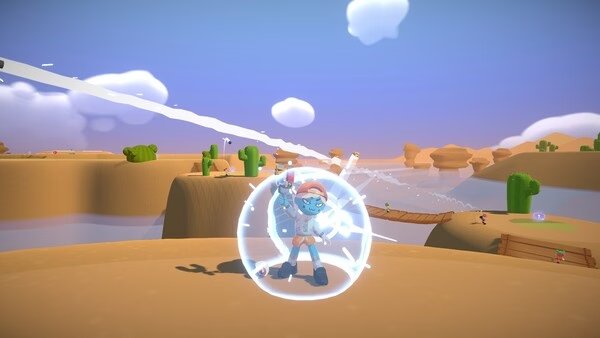 Super Battle Golf screenshot: A character surrounded by a glowing sphere stands on a cliff, aiming toward floating islands and bridges.