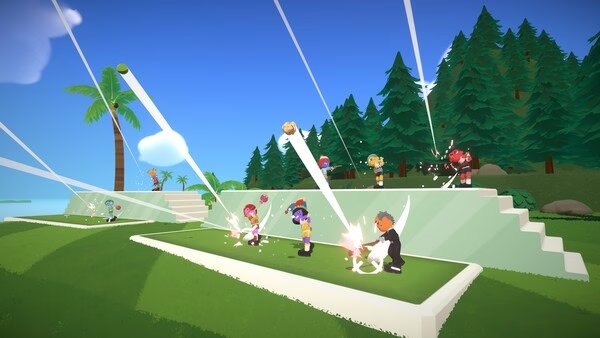 Super Battle Golf screenshot: Players engage in a lively golf match with colorful outfits and dynamic swings against a scenic backdrop.