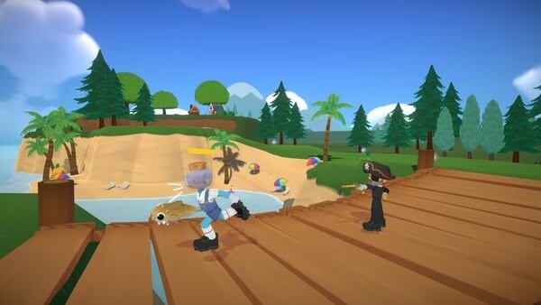 Super Battle Golf screenshot: Two characters in colorful outfits on a wooden bridge, with tropical scenery in the background.