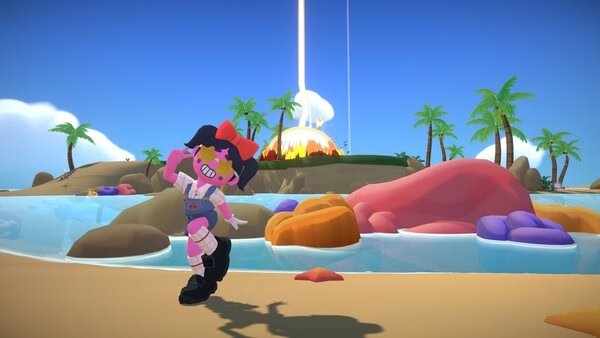 Super Battle Golf screenshot: A cheerful character poses on a tropical beach with palm trees and colorful rocks nearby.