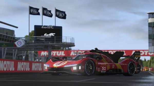 A Le Mans Ultimate screenshot showing a red and yellow race car on a track near FIA and WEC flags under a cloudy sky.