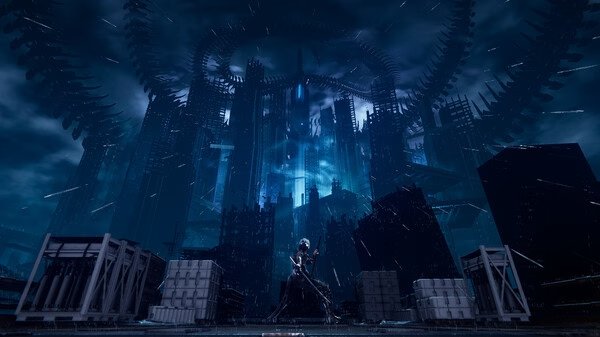NINJA GAIDEN 4 screenshot: A lone ninja stands poised with a sword in a dark, futuristic cityscape under a swirling, ominous sky.