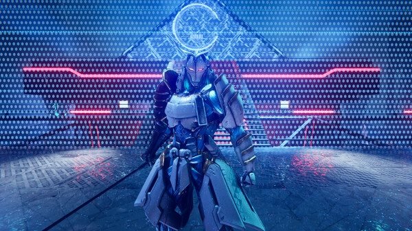 NINJA GAIDEN 4 screenshot: A futuristic ninja in armor stands poised with a sword under a glowing blue symbol in a digital arena.