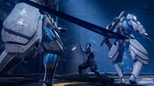 A NINJA GAIDEN 4 screenshot showing a ninja battling two armored enemies with swords in a futuristic urban setting.