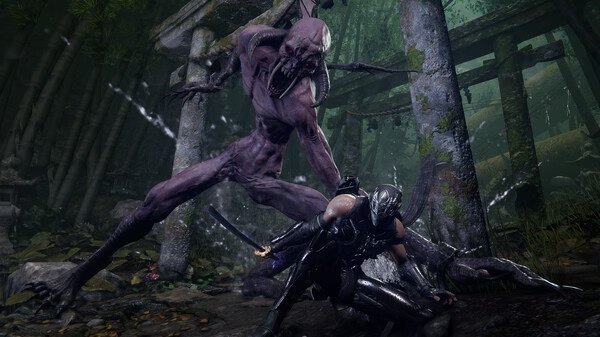 NINJA GAIDEN 4 screenshot: A ninja battles a large, menacing creature in a forest with ancient stone structures in the background.