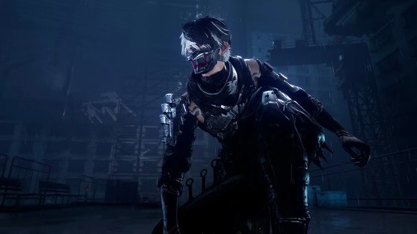 NINJA GAIDEN 4 screenshot: A masked ninja crouches in a dark, industrial setting, equipped with armor and holding a sword.