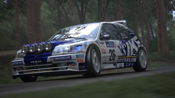 Screenshot of Assetto Corsa Rally showing a rally car with number 26 speeding on a forested dirt track.