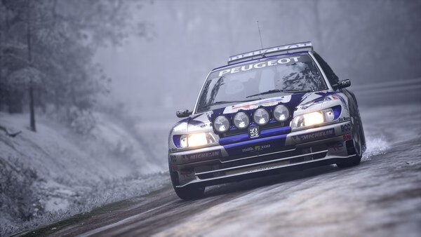 Screenshot from Assetto Corsa Rally showing a rally car navigating a snowy, forested track at high speed.