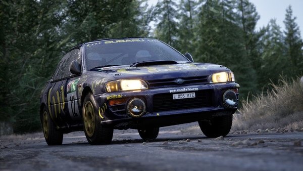 Assetto Corsa Rally screenshot: A rally car speeds down a forest road, showcasing detailed graphics and realistic lighting.
