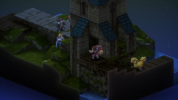 Screenshot from FINAL FANTASY TACTICS - The Ivalice Chronicles showing characters and a Chocobo near a stone building.