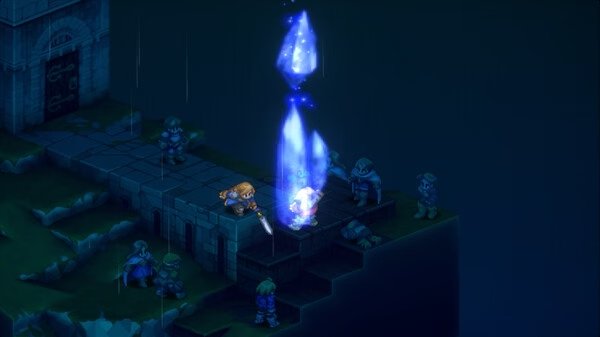 Screenshot from FINAL FANTASY TACTICS - The Ivalice Chronicles: a knight wields a sword near glowing magic crystal on a dark stone platform.