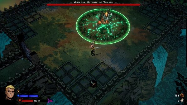 SWORN screenshot: A lone warrior faces Gavran, Butcher of Wieral, surrounded by glowing green energy on a cliffside arena.