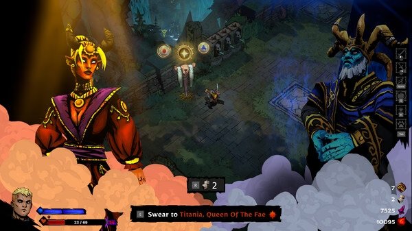 SWORN screenshot: A player character faces Titania, Queen of the Fae, with health bars and abilities displayed on-screen.