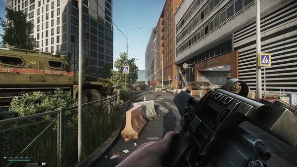 Escape from Tarkov screenshot: A player holds a gun on an urban street with military vehicles and barricades in the background.