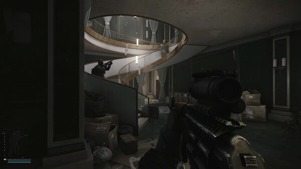 Escape from Tarkov screenshot showing a player with a rifle aiming up a spiral staircase in a dimly lit, cluttered room.