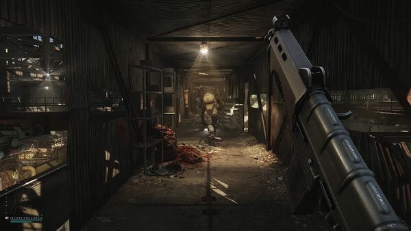 Escape from Tarkov screenshot showing a player aiming a shotgun at an armored figure in a dimly lit industrial hallway.