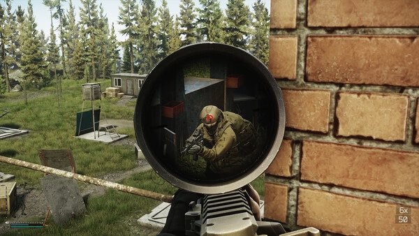 Escape from Tarkov screenshot: A sniper targets an enemy soldier through a scope, with buildings and trees in the background.