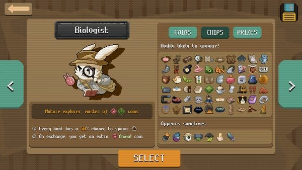 Screenshot from RACCOIN: Coin Pusher Roguelike showing a Biologist character with item icons and selection options.
