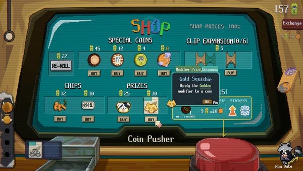 Screenshot of RACCOIN: Coin Pusher Roguelike showing the shop menu with coins, prizes, and modifiers available for purchase.