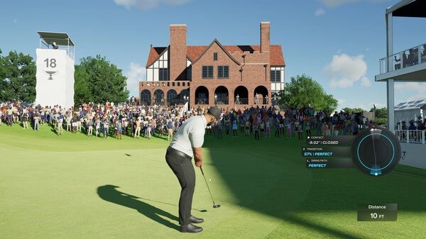 PGA TOUR 2K25 screenshot: A golfer prepares a putt on a green surrounded by spectators near a clubhouse on a sunny day.