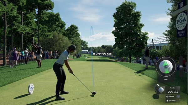 Golfer prepares to tee off on a lush course in PGA TOUR 2K25; screenshot shows swing trajectory and crowd in the background.