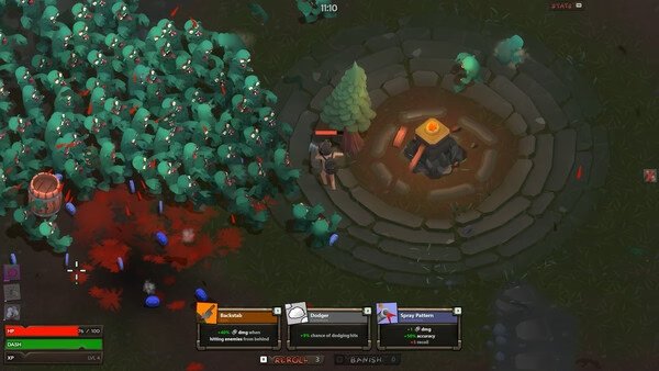 s&box screenshot: A character battles hordes of creatures near a stone circle, with action cards and health bar visible.