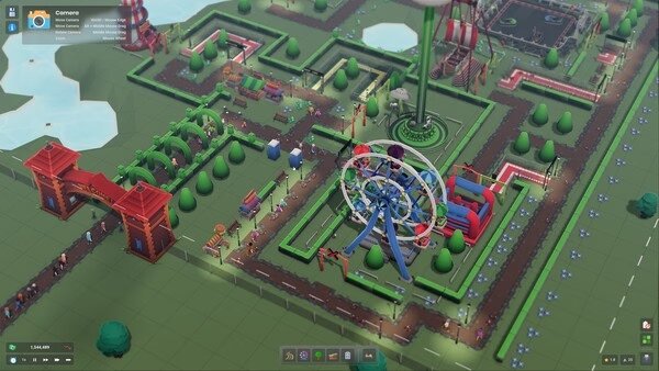 s&box screenshot: A colorful amusement park with a Ferris wheel, paths, and various attractions on a green grid landscape.