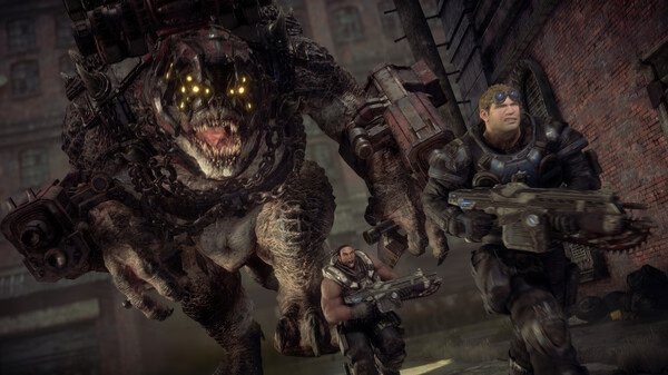 Screenshot from Gears of War: Reloaded showing armed soldiers fleeing from a large, monstrous creature in a gritty urban setting.