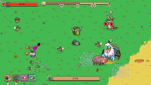 Screenshot from Everything is Crab: The Animal Evolution Roguelite showing crab-themed creatures battling on grassy terrain with web obstacles.