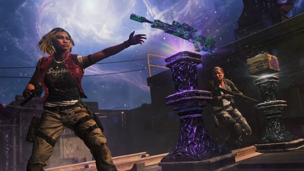 Screenshot from Call of Duty: Black Ops 7 showing two characters battling near glowing pillars with a floating rifle overhead.