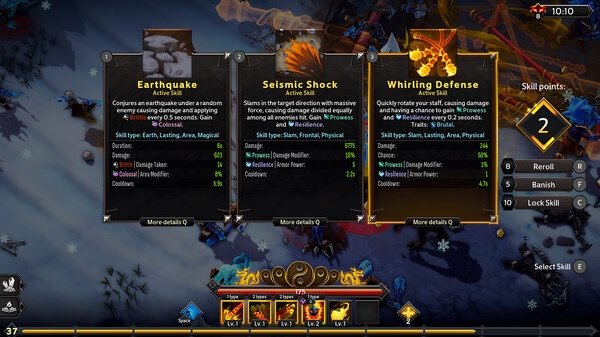 Soulstone Survivors screenshot: Skill selection menu showing Earthquake, Seismic Shock, and Whirling Defense abilities with details.