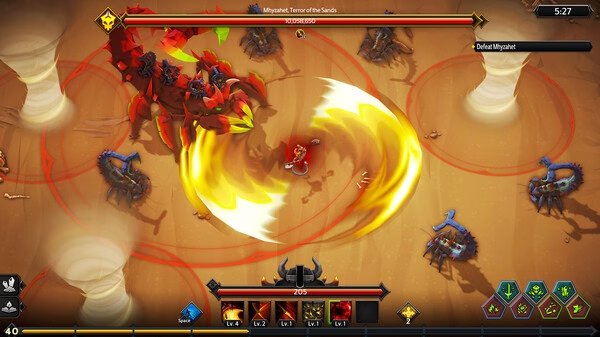 Screenshot from Soulstone Survivors showing a player character battling a large red creature amid swirling sand and multiple enemies.